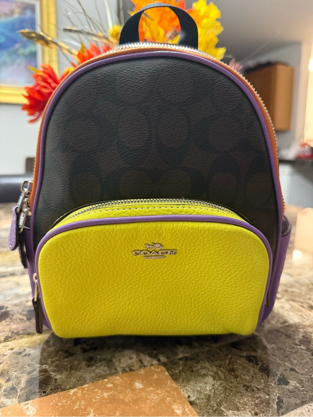 Coach Mini Backpack in Brown, Yellow & Purple Signature Canvas
